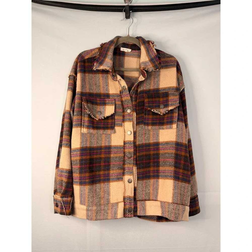 La Miel Plaid Wool Blend Shacket Womens Medium Tan Blue‎ Distressed JKT1797